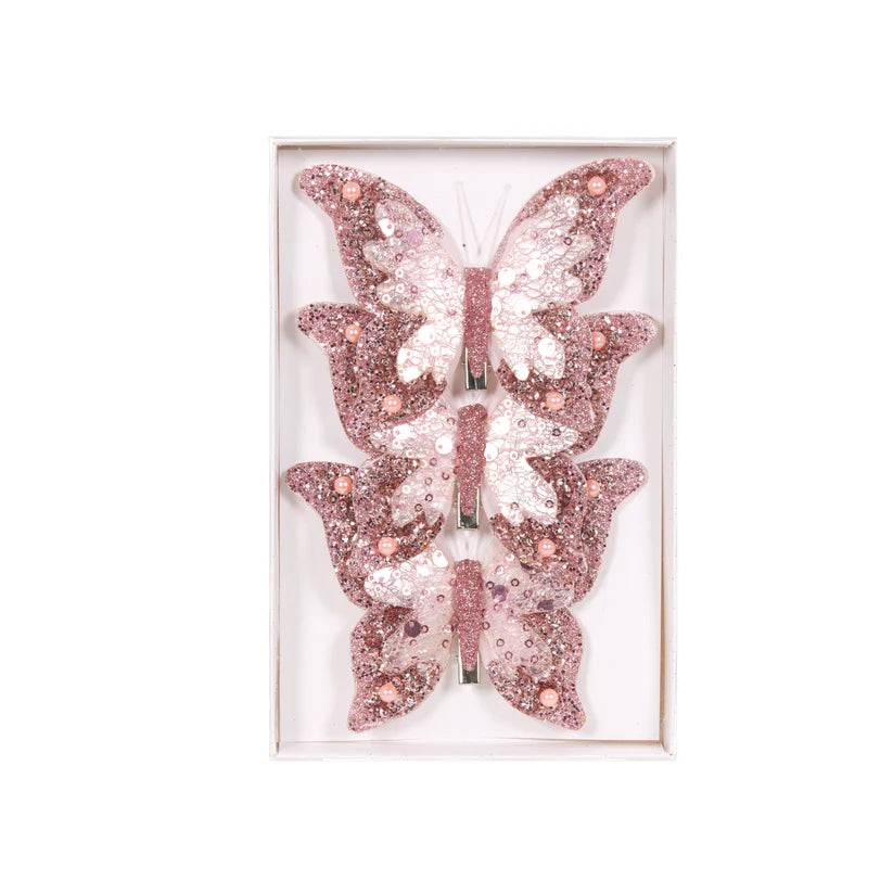 Set of 3 Pink Beaded Butterfly Clip