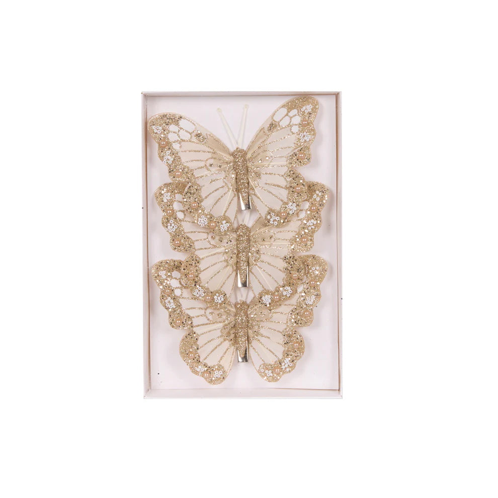 Set of 3 Ivory Shimmering Butterflies