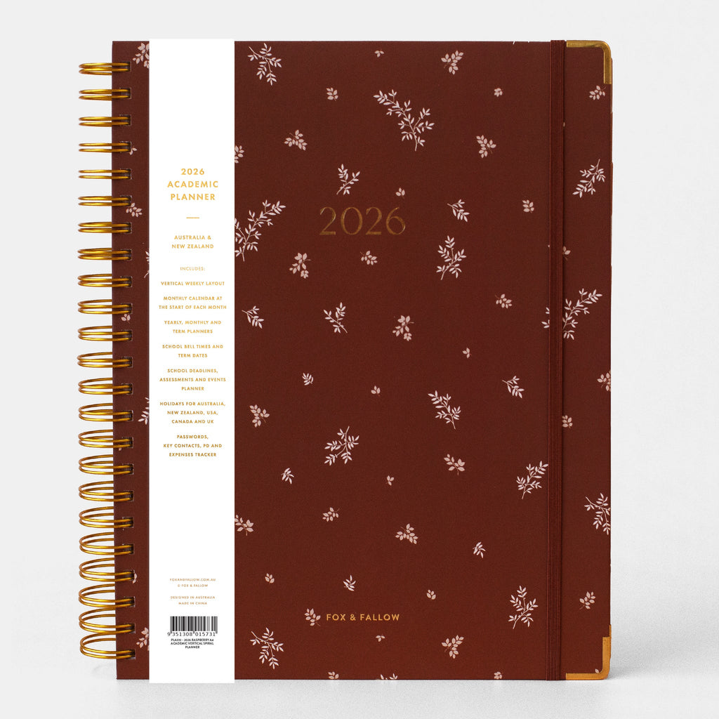 2026 A4 Academic Vertical Planner - Raspberry