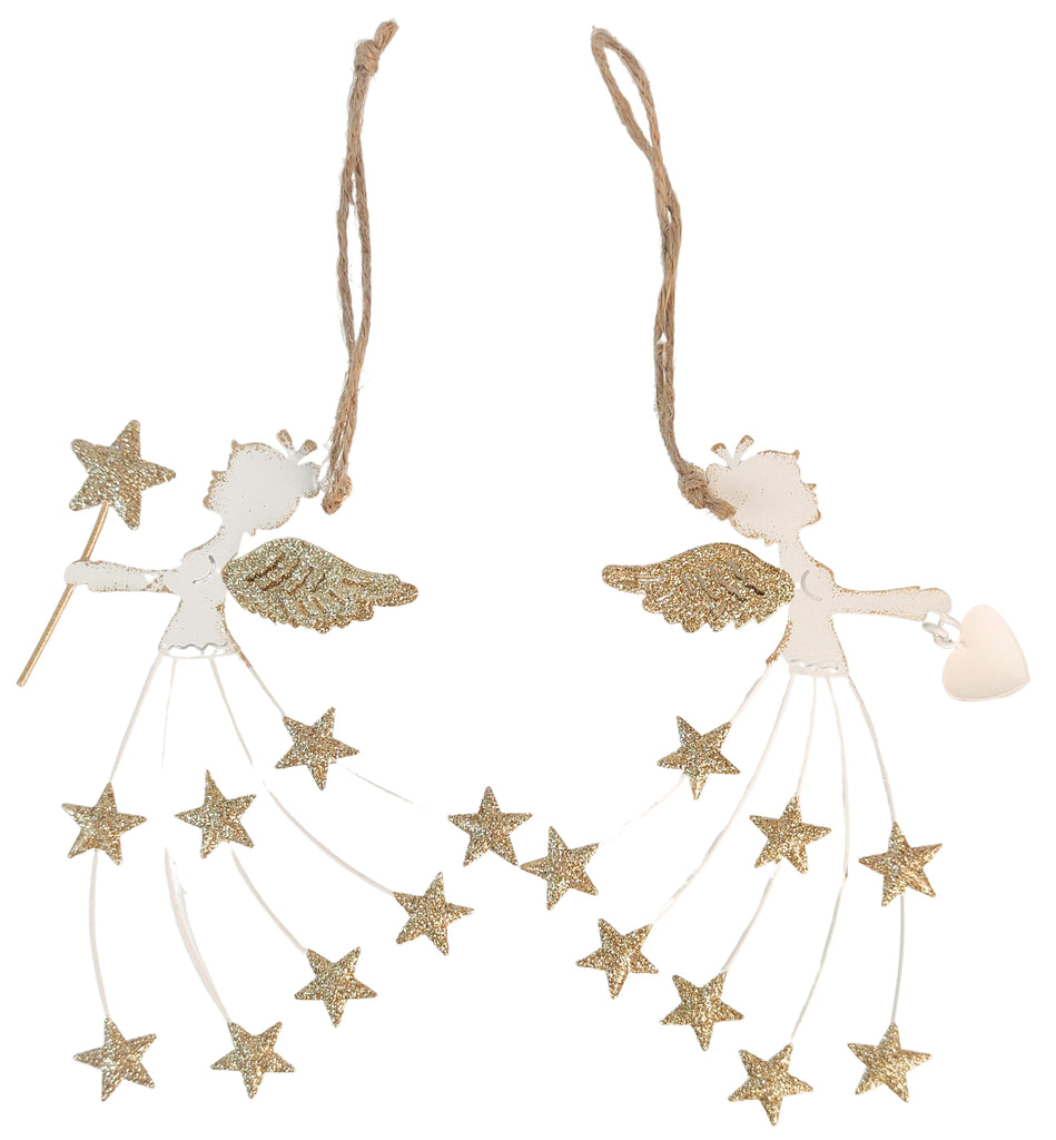 Metal Angel Holding Star & Heart Hanging Decoration - White