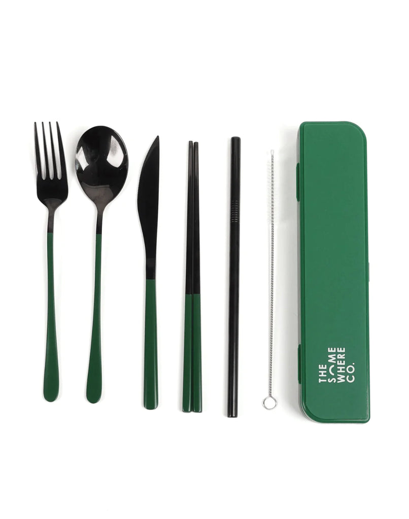 Take Me Away Cutlery Set - Black with Forest Green Handle