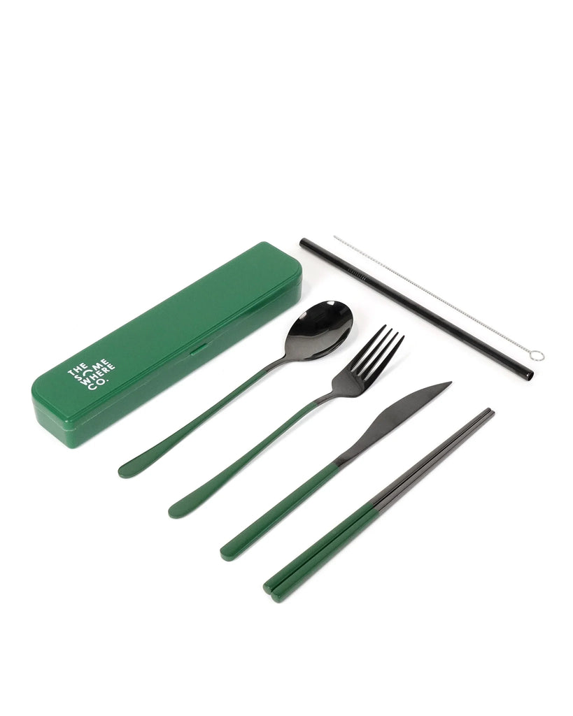 Take Me Away Cutlery Set - Black with Forest Green Handle